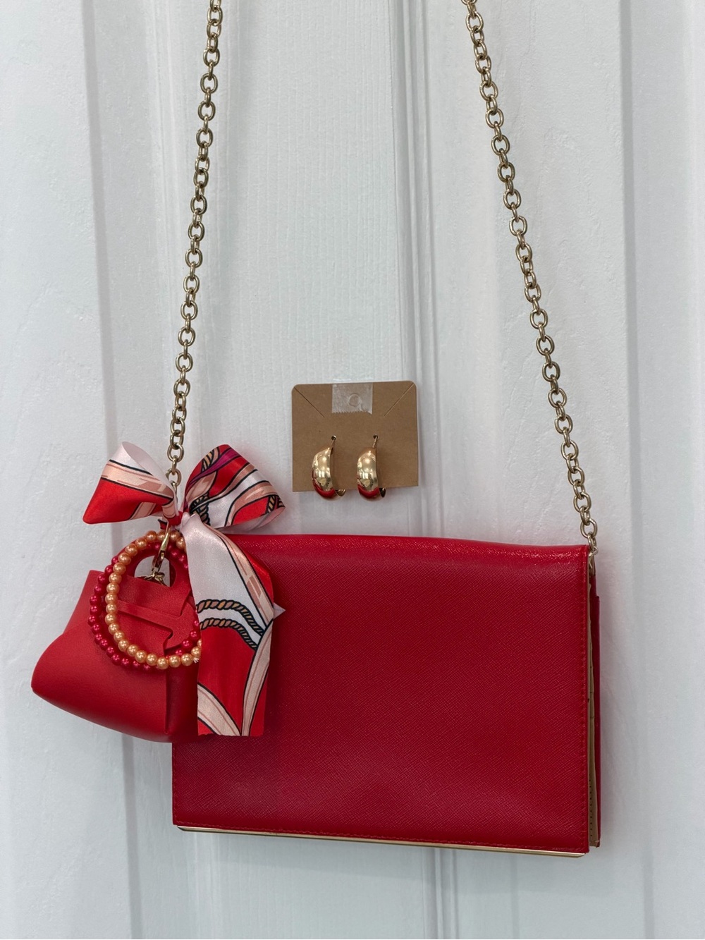 Red Women's Chain Crossbody Bag with bag charm & earrings